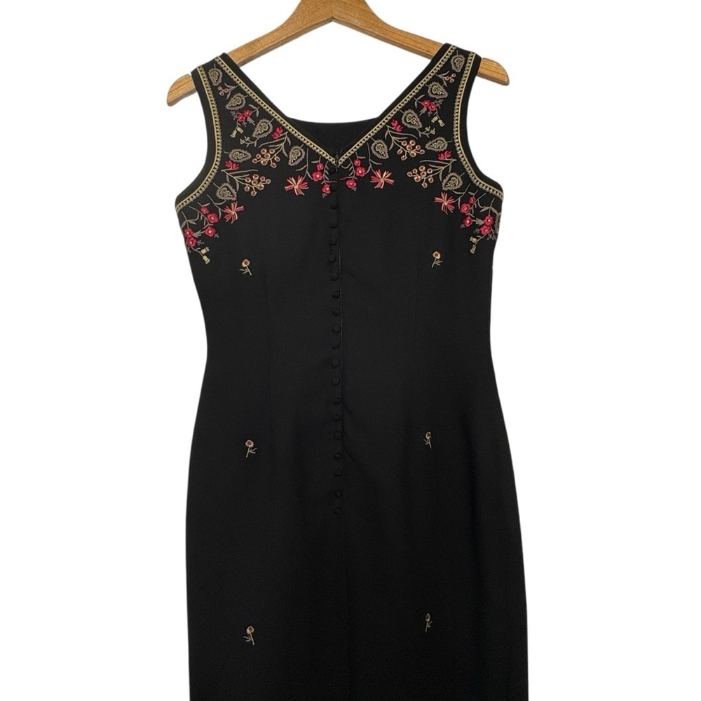 Vintage 90s Dress Black Floral Embroidered Maxi Sleeveless Size M - Picture 8 of 10
